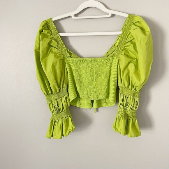 Urban Outfitters Size M Green Big Peasant Puff Sleeve Ribbed Cropped Top - Picture 7 of 8